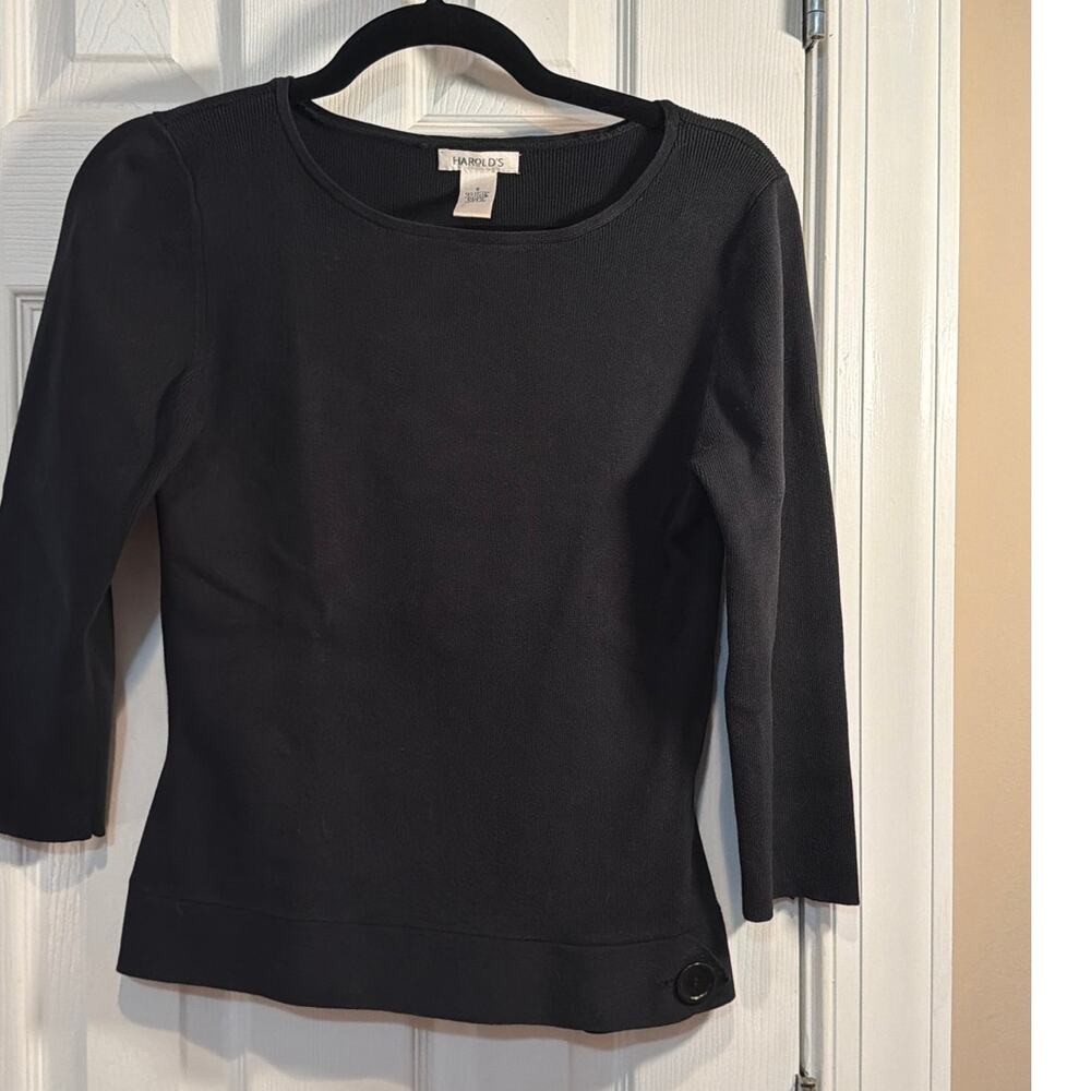 Harold’s Black Knit top 3/4 sleeve scoop neck button hem cotton stretch S